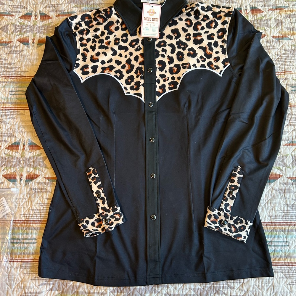 Leopard Print Black Button Down Shirt XL